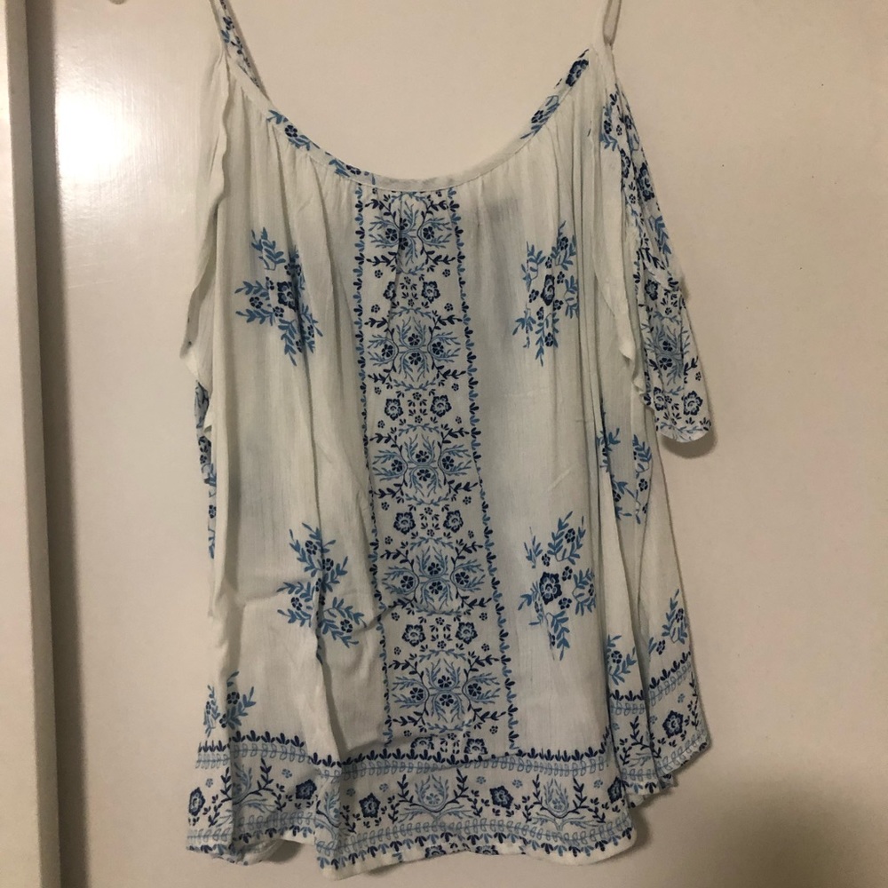 Off the shoulder blue blouse